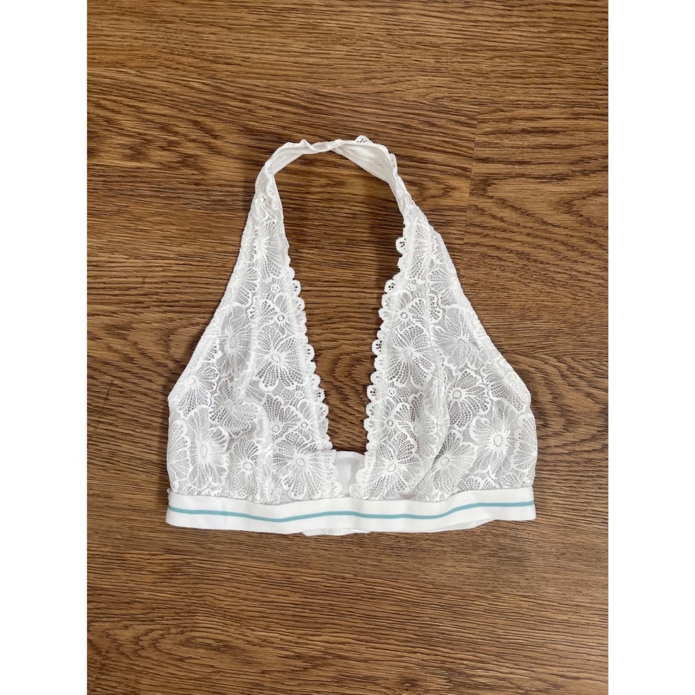 Colsie Halter Bralette Women's Medium White Floral Lace Plunge Sheer Basic